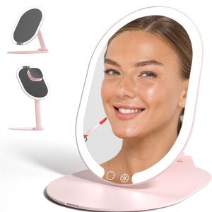 Pink Portable Makeup Mirror with LED Lighting